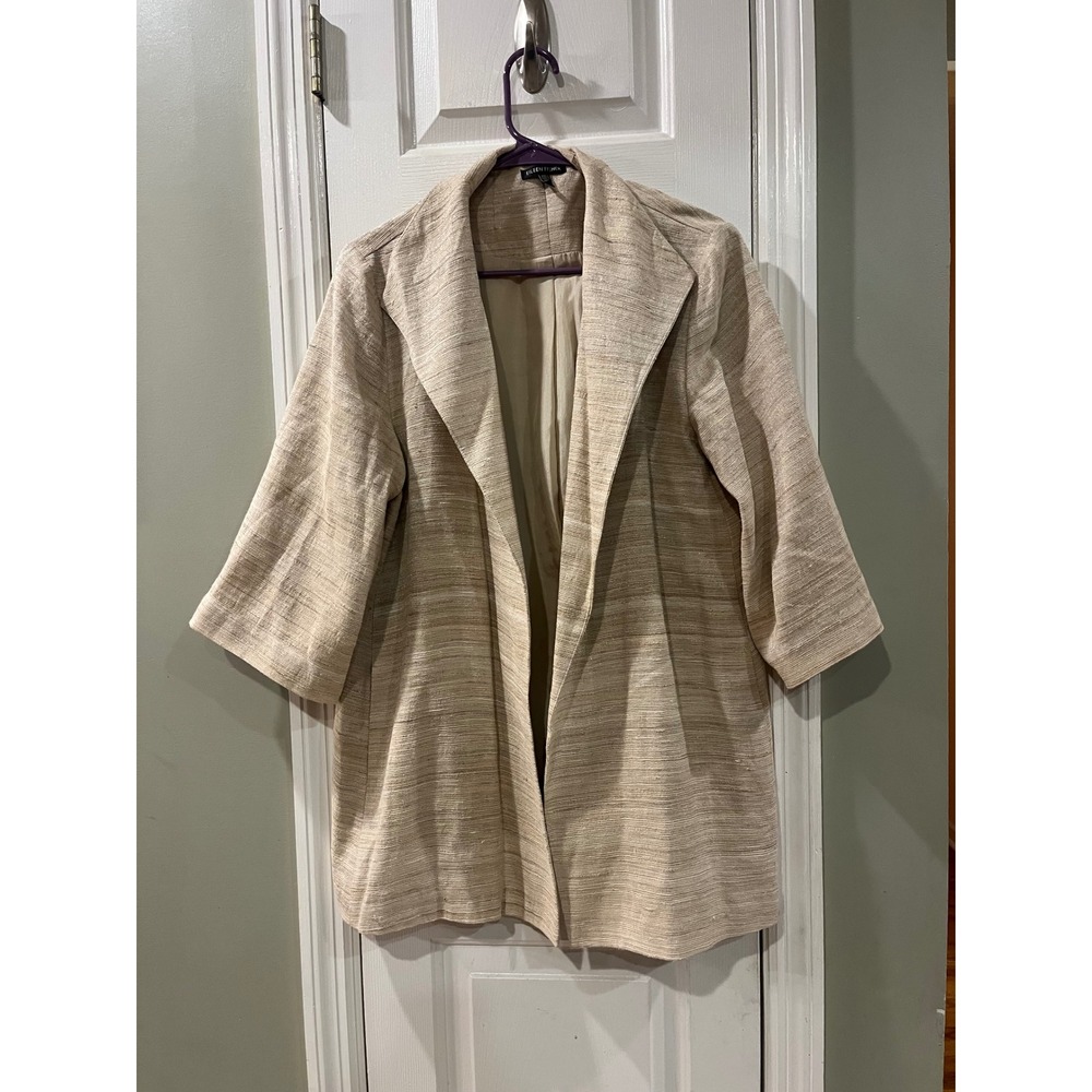 Eileen Fisher Silk Cotton Lurex Open Front Blazer Jacket Tan Metallic Medium